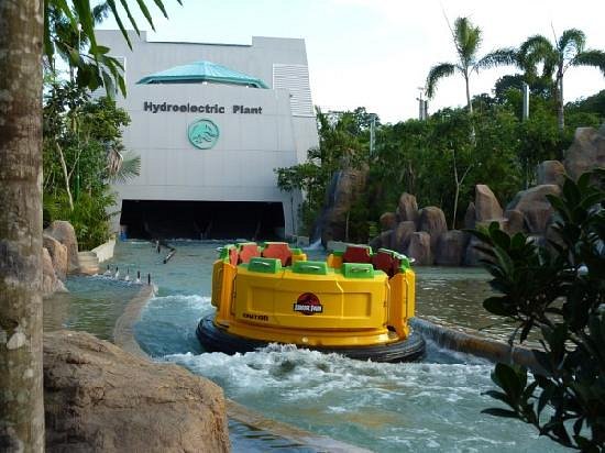 Jurassic Park Rapids Adventure ride cart in the river in Universal studios park Singapore