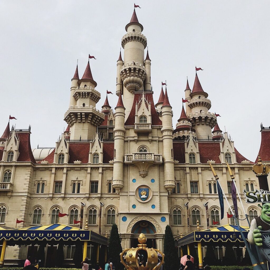 A castle in which the movie shrek 4d adventure is played in Universal studios park Singapore